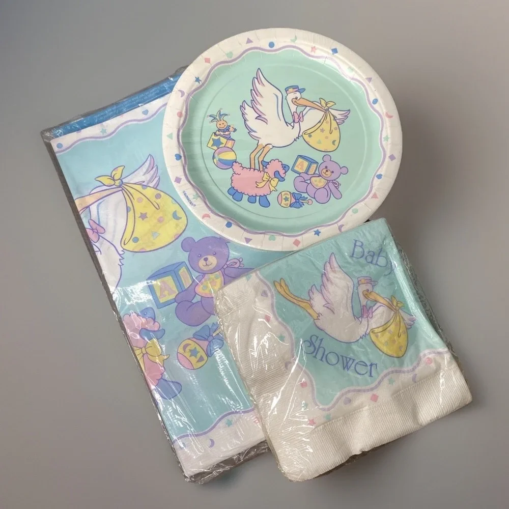 VTG 80/90s NIP AMSCAN Baby Shower Lot Plates, napkins, Tablecover Pastel Stork